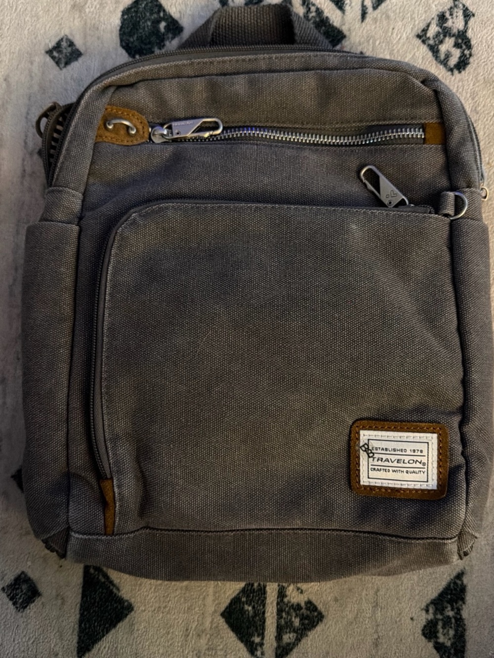 Travelon Gray Canvas Crossbody Bag with Brown Accents